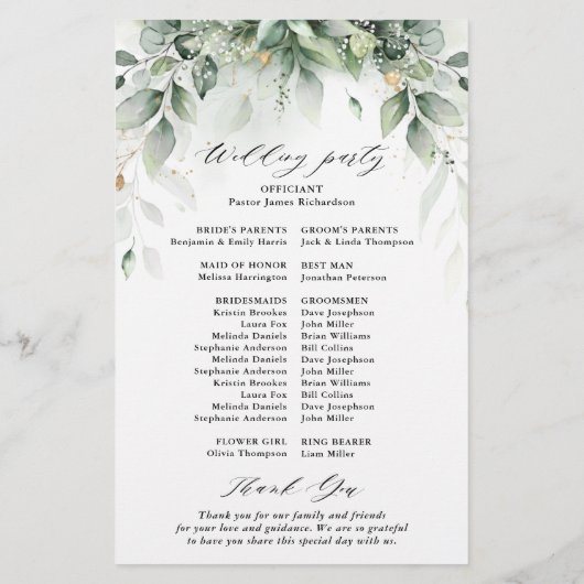Eucalyptus Greenery Gum Botanical Wedding Programm (Achterkant)