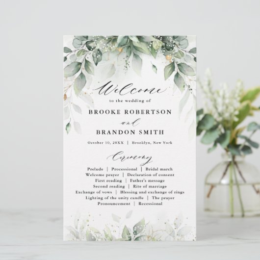 Eucalyptus Greenery Gum Botanical Wedding Programm (Staand voorkant)
