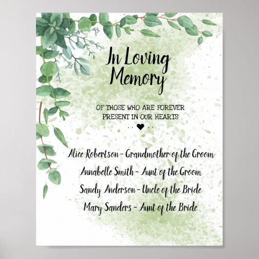 Eucalyptus Greenery in Loving Memory Wedding Sign Poster (Voorkant)