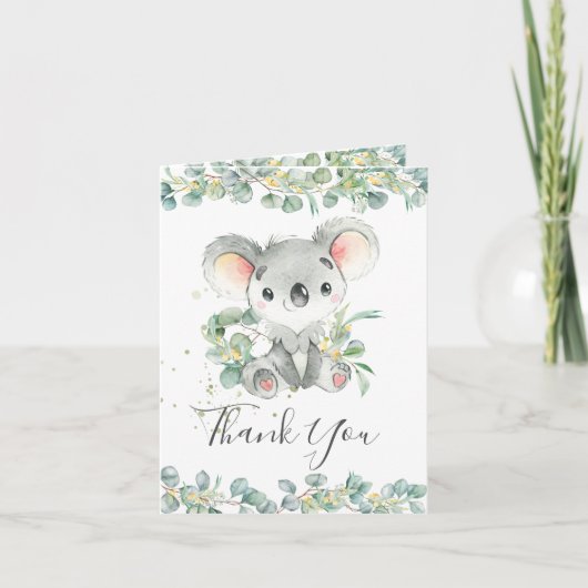 Eucalyptus Greenery Koala Verjaardag Baby shower Bedankkaart (Voorkant)