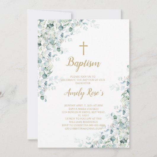 Eucalyptus Greenery Leaves Baptism Invitation Kaart (Voorkant)