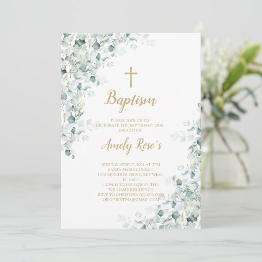 Eucalyptus Greenery Leaves Baptism Invitation Kaart (Staand voorkant)