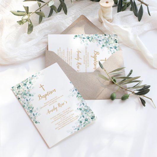 Eucalyptus Greenery Leaves Baptism Invitation Kaart