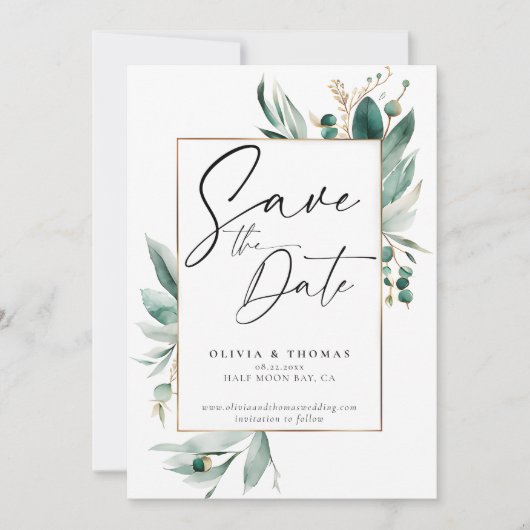 Eucalyptus Greenery Lijst Moderne foto bruiloft Save The Date (Voorkant)