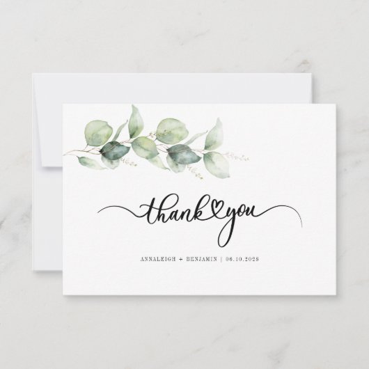 Eucalyptus Greenery Love Heart Calligraphy Wedding Bedankkaart (Voorkant)