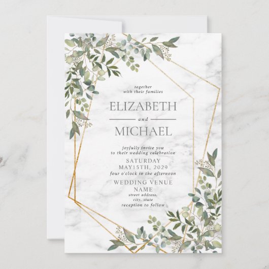 Eucalyptus Greenery Marble Geometric Wedding Kaart (Voorkant)
