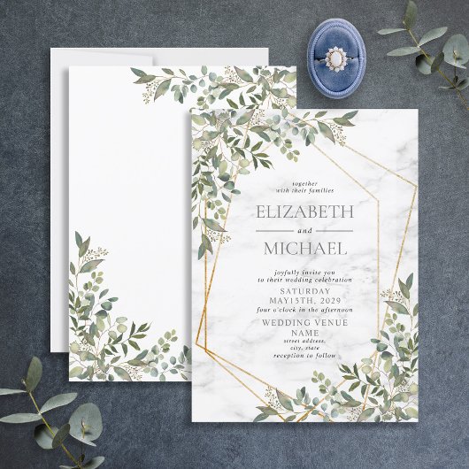 Eucalyptus Greenery Marble Geometric Wedding Kaart