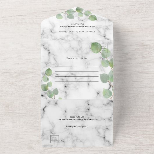 Eucalyptus greenery marmer bruiloft all in one uitnodiging (Buitenkant)