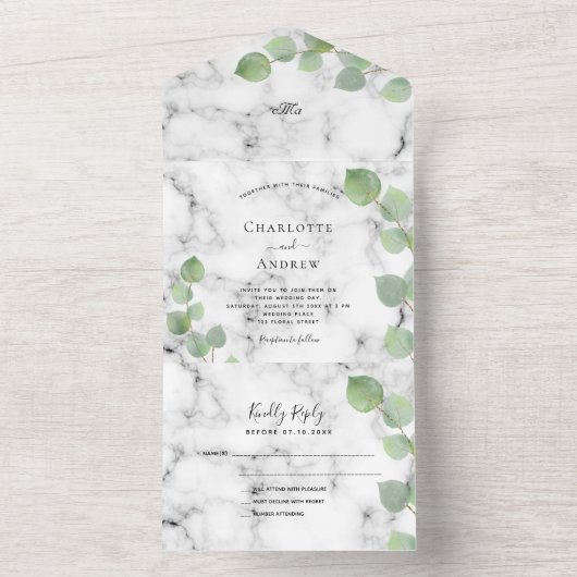 Eucalyptus greenery marmer bruiloft all in one uitnodiging (Binnen)