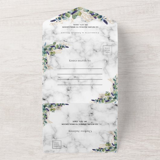 Eucalyptus greenery marmer bruiloft all in one uitnodiging (Buitenkant)