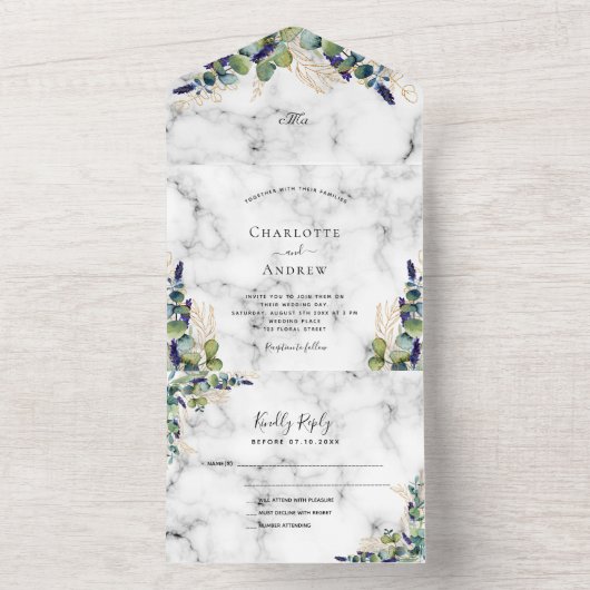 Eucalyptus greenery marmer bruiloft all in one uitnodiging (Binnen)