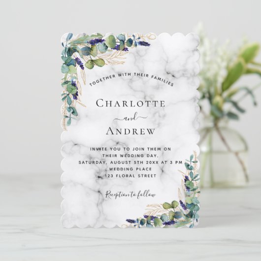 Eucalyptus greenery marmer luxe bruiloft kaart (Staand voorkant)