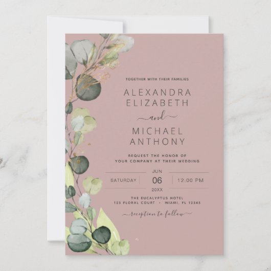 Eucalyptus Greenery Mauve Roze bruiloft Kaart (Voorkant)