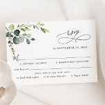 Eucalyptus Greenery Meal Options Song Request RSVP Kaartje<br><div class="desc">Deze aanpasbare RSVP-kaart voor maaltijdopties is ontworpen om te coördineren met ons Boho Greenery bruiloft collectie. Deze kaart biedt een eucalyptusvertakking voor waterverf met grafische kalligrafische tekst,  gekoppeld aan een klastige serif en een moderne sans lettertype in zwart. Overeenkomende objecten beschikbaar.</div>