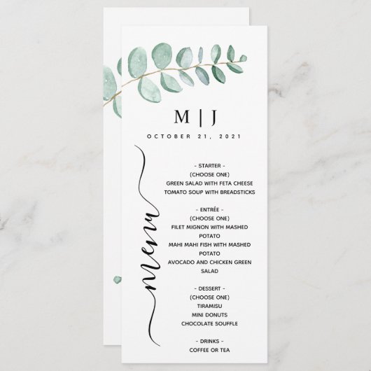 Eucalyptus Greenery Minimalist Weddenschap Menu (Voorkant / Achterkant)