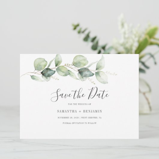 Eucalyptus Greenery Minimalist Weddenschap Save The Date (Staand voorkant)