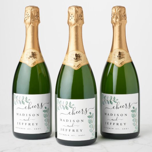 Eucalyptus Greenery Minimalist Weddenschap Sparkling Wijnetiket (Flessen)