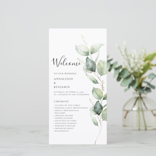Eucalyptus Greenery minimalistisch bruiloft progra (Staand voorkant)