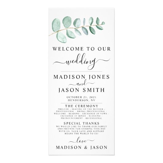 Eucalyptus Greenery minimalistisch bruiloft progra Reclamekaart (Voorkant)