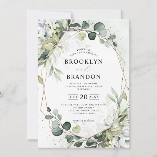 Eucalyptus Greenery Modern Geometric Wedding Invit Kaart (Voorkant)