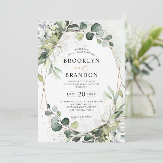 Eucalyptus Greenery Modern Geometric Wedding Invit Kaart (Staand voorkant)