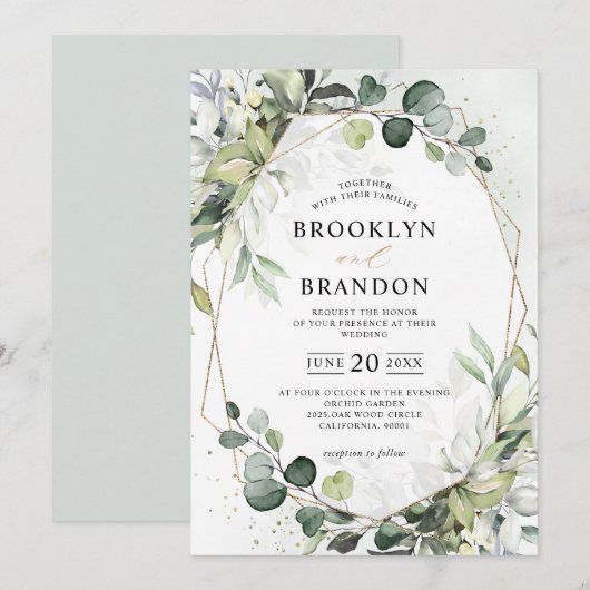 Eucalyptus Greenery Modern Geometric Wedding Invit Kaart (Voorkant / Achterkant)