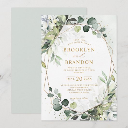 Eucalyptus Greenery Modern Geometric Wedding Invit Kaart (Voorkant / Achterkant)