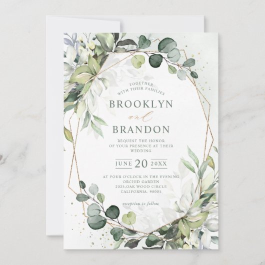 Eucalyptus Greenery Modern Geometric Wedding Invit Kaart (Voorkant)