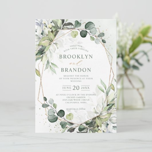 Eucalyptus Greenery Modern Geometric Wedding Invit Kaart (Staand voorkant)