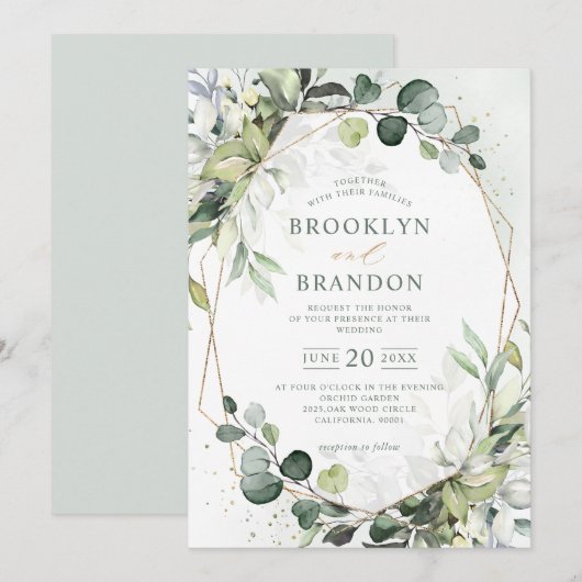 Eucalyptus Greenery Modern Geometric Wedding Invit Kaart (Voorkant / Achterkant)