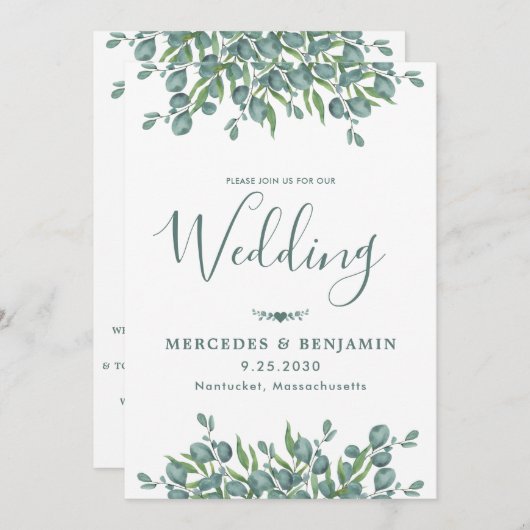 Eucalyptus Greenery Modern QR Code Weddenschap Kaart (Voorkant / Achterkant)