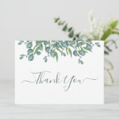 Eucalyptus Greenery Modern Sage Script Weddenschap Bedankkaart (Staand voorkant)
