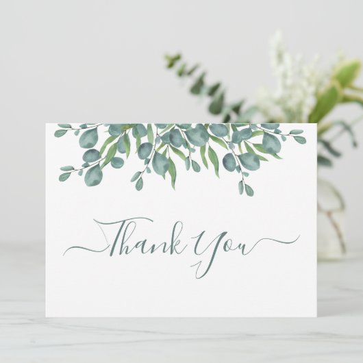 Eucalyptus Greenery Modern Sage Script Weddenschap Bedankkaart (Staand voorkant)