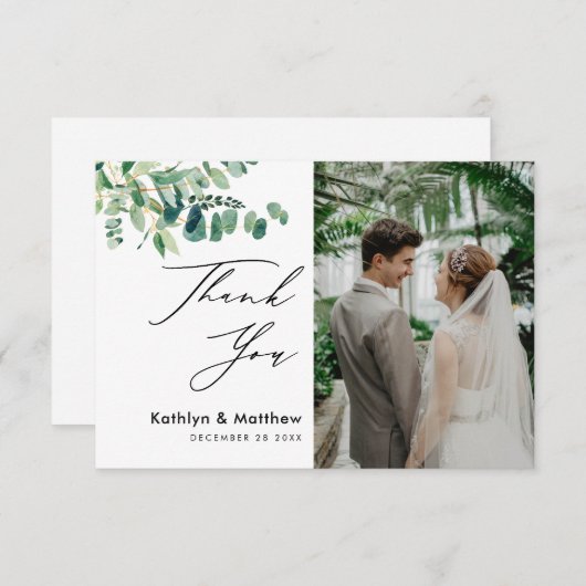 Eucalyptus Greenery Modern Script Photo Weddenscha Bedankkaart (Voorkant / Achterkant)