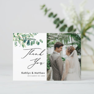 Eucalyptus Greenery Modern Script Photo Weddenscha Bedankkaart