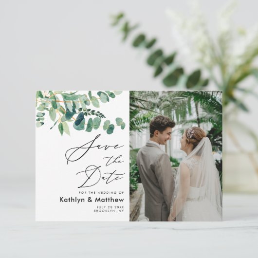 Eucalyptus Greenery Modern Script Photo Weddenscha Save The Date (Staand voorkant)