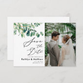 Eucalyptus Greenery Modern Script Photo Weddenscha Save The Date (Voorkant / Achterkant)