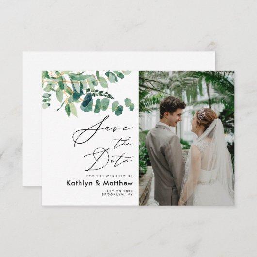 Eucalyptus Greenery Modern Script Photo Weddenscha Save The Date (Voorkant / Achterkant)