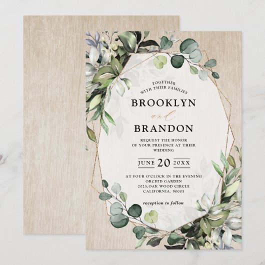 Eucalyptus Greenery Modern Wood Geometric Weddensc Kaart (Voorkant / Achterkant)