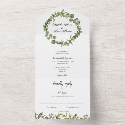 Eucalyptus Greenery Monogram Weddenschap All In One Uitnodiging (Binnen)