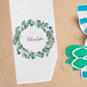 Eucalyptus greenery name script white bad handdoek