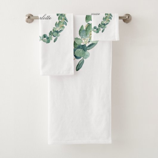 Eucalyptus greenery name script white bad handdoek (Insitu)