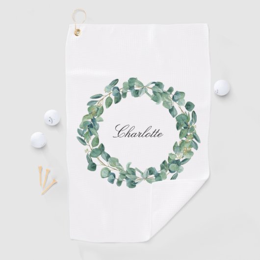 Eucalyptus greenery name script white golfhanddoek (Insitu)