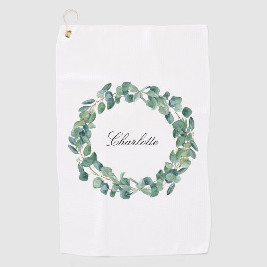 Eucalyptus greenery name script white golfhanddoek (Voorkant)