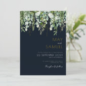Eucalyptus Greenery & Navy Wedding Invitation Kaart (Staand voorkant)