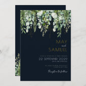 Eucalyptus Greenery & Navy Wedding Invitation Kaart (Voorkant / Achterkant)