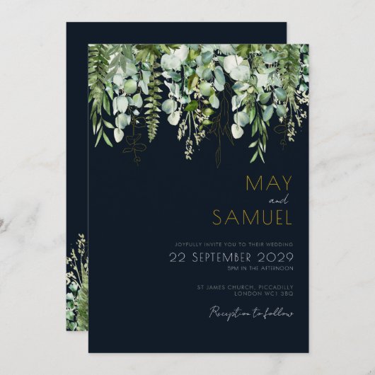 Eucalyptus Greenery & Navy Wedding Invitation Kaart (Voorkant / Achterkant)