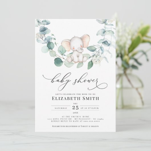 Eucalyptus Greenery Peanut Elephant Baby shower Kaart (Staand voorkant)
