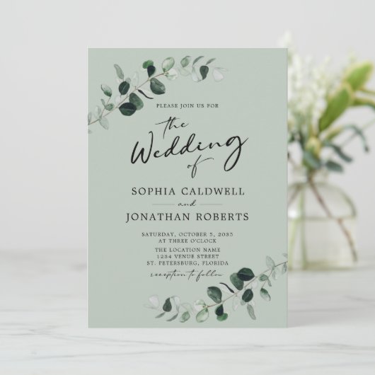 Eucalyptus Greenery QR Code Calligraphy Weddenscha Kaart (Staand voorkant)