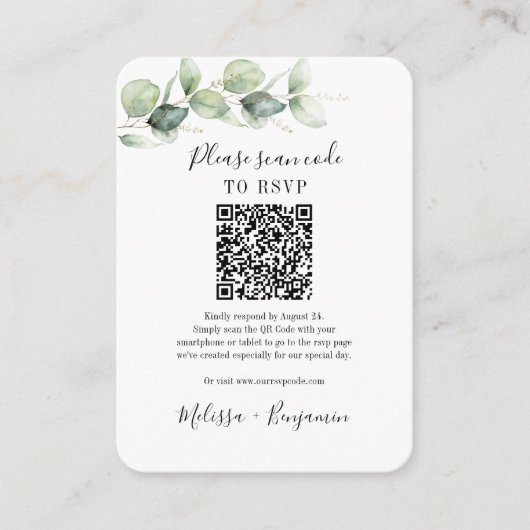 Eucalyptus Greenery QR Code RSVP Eenvoudig huwelij Informatiekaartje (Voorkant)